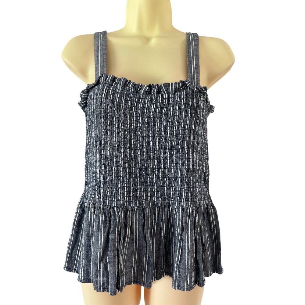 Loft Beach- Blue & White Striped Smocked Blouse Size Medium